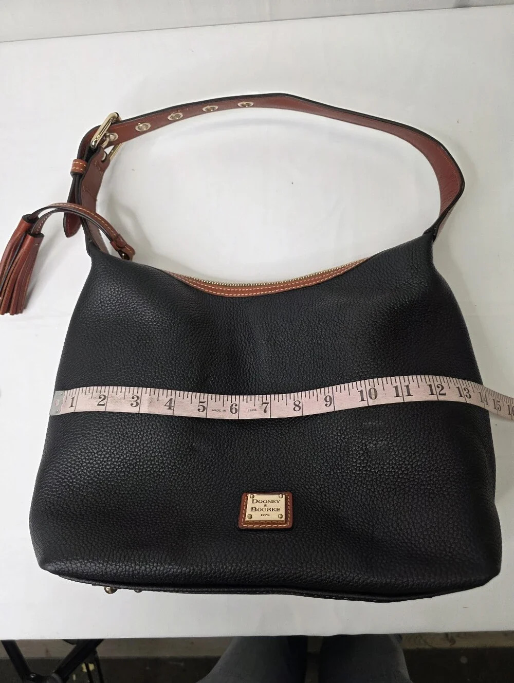 Dooney & Bourke Black Pebbled Leather Hobo Bag Tassel Shoulder Purse